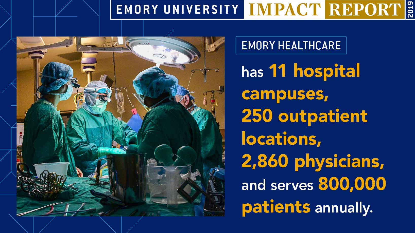 Emory Healthcare has 11 hospital campuses, 250 outpatient locations, 2,860 physicians, and serves 800,000 patients annually.