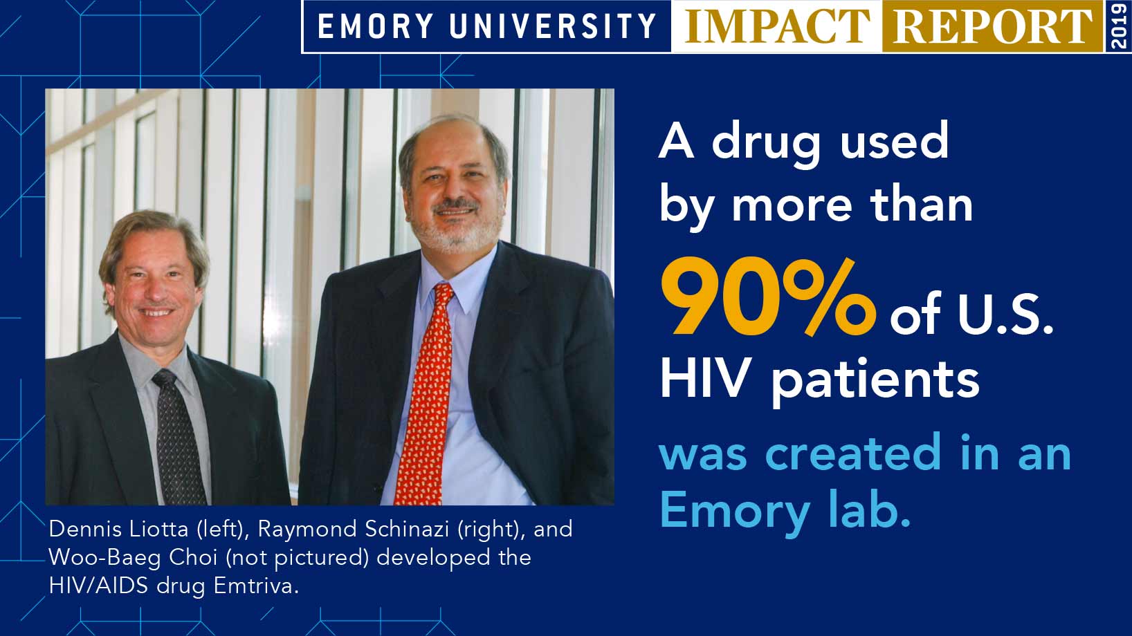 The drug, Emtriva, is used by more than 90% of US HIV patients, and it was created in an Emory lab by Dennis Liotta and Raymond Schinazi.