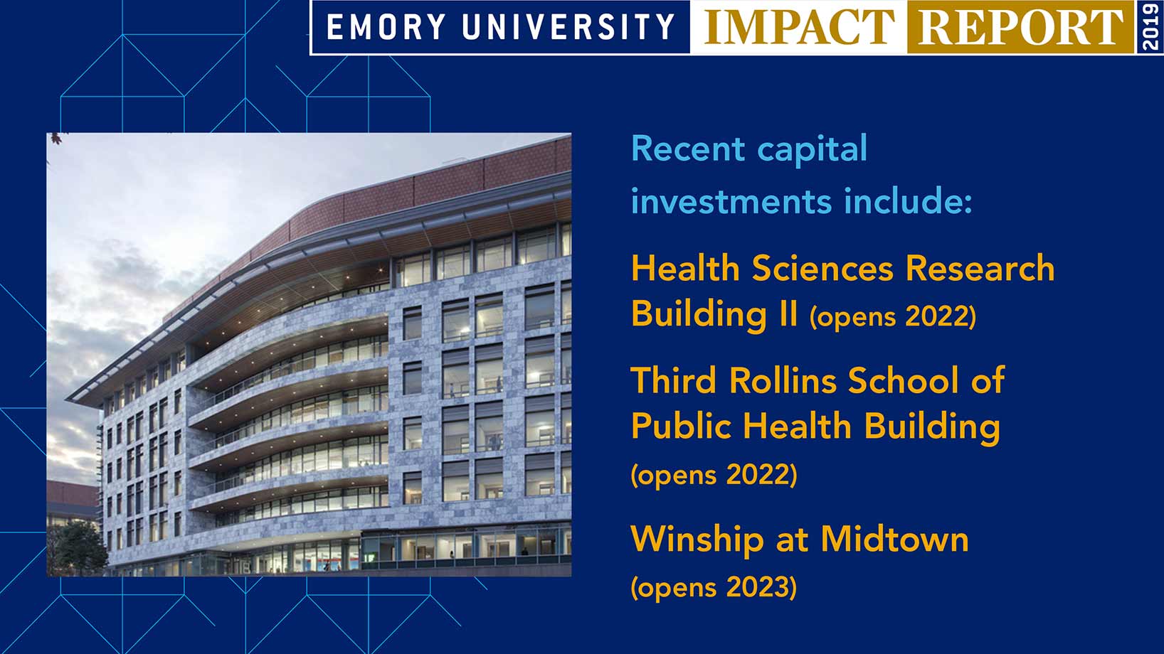 Recent capital investments include: Health Sciences Research Building II (opens 2022) Creating an innovative environment for tackling problems in biomedical research and human health; Third Rollins School of Public Health building (opens 2022) Providing new learning, training, and conference opportunities; Winship at Midtown (opens 2023) Allowing more personalized cancer care
