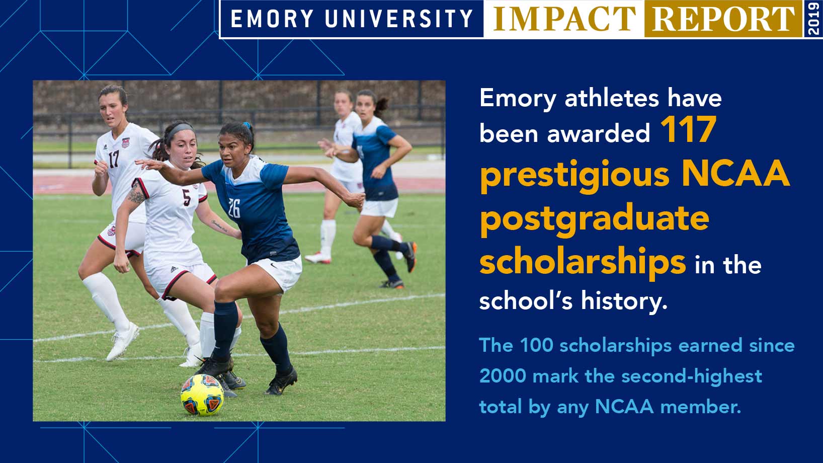 Emory athletes have  been awarded 117 prestigious NCAA postgraduate scholarships in the school's history. The 100 scholarships earned since 2000  mark the second-highest total by any NCAA member.